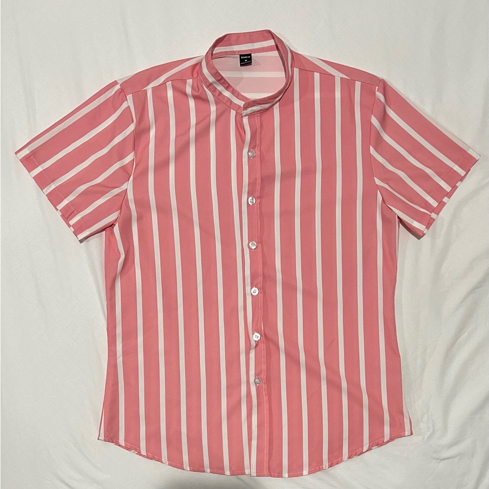 Pink & White Striped Short Sleeve Button Down Shirt | Size Medium
